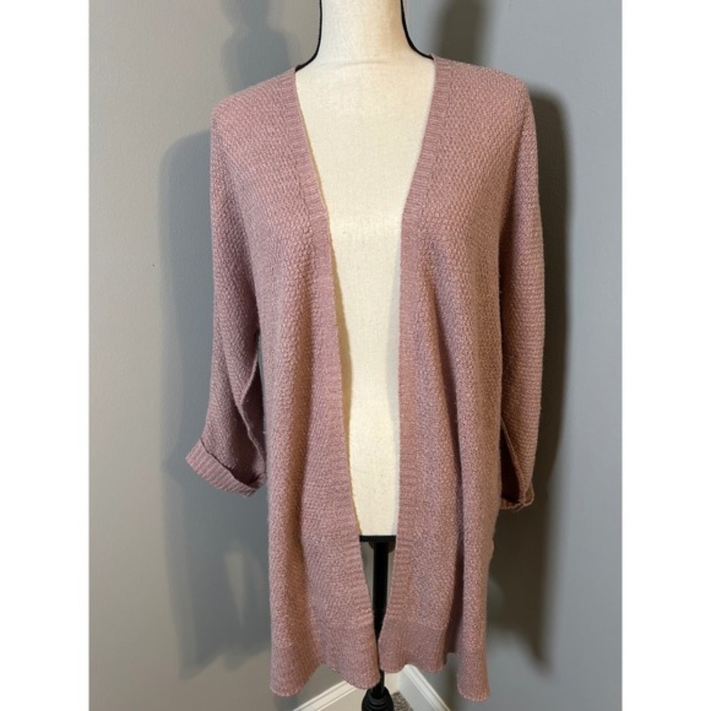 Dusty Rose Mauve Open Front Longline Textured Knit Cardigan‎ Sweater Large